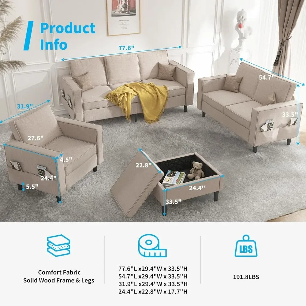 Sectional L Shaped Sofa Couches Set Living Room Furniture Sets,78" Width 3-Seater Small Couch （3+2+1+Ottoman Sofa Set）