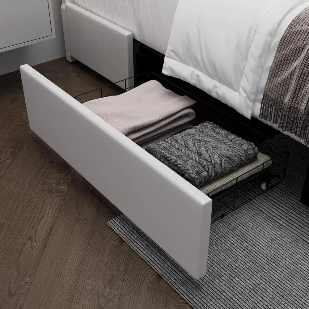 "contemporary rgb led illuminated bed frame with storage drawers and upholstered leatherette platform bed"