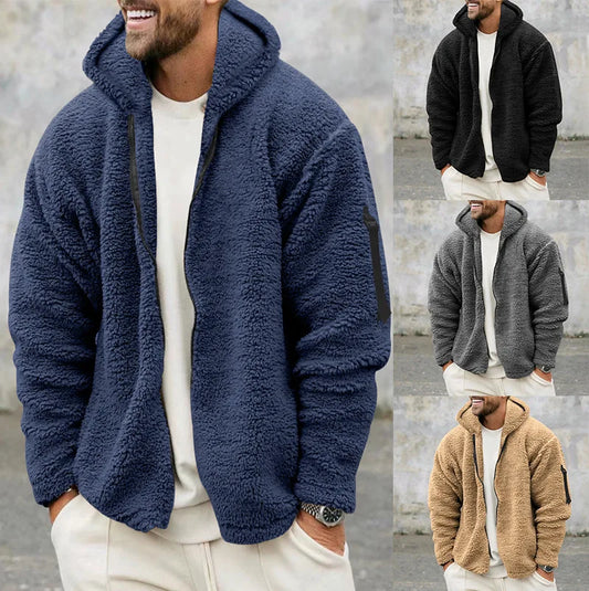 2024 Men's Autumn and Winter Double-Sided Fleece Warm Jacket  Loose Hooded Casual Jacket