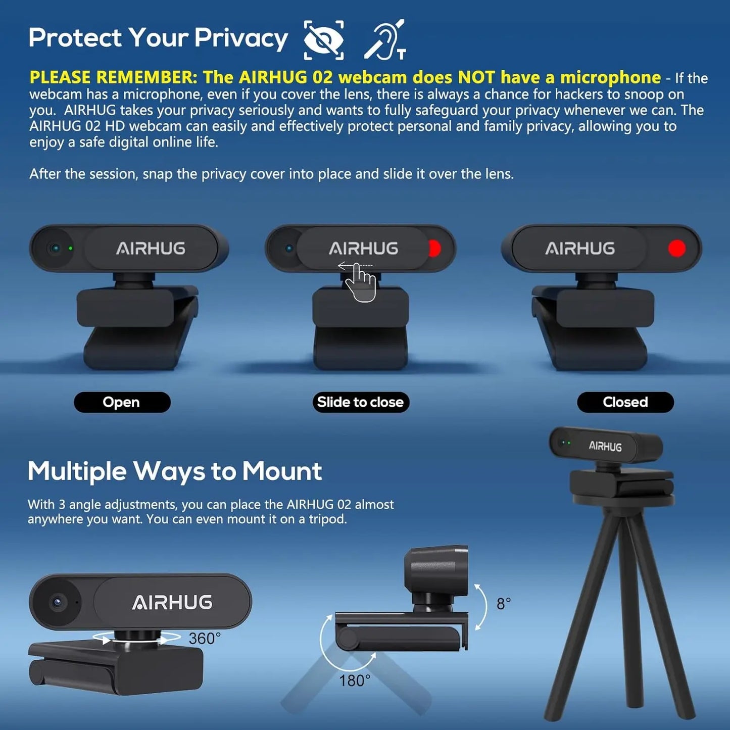 2K HD Webcam with Privacy Cover, 78° Wide Angle Lens & Built-In Microphone for Video Conferencing, Streaming & Remote Work