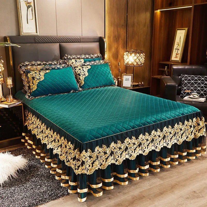 Luxury Gold Embroidered Velvet Quilted Bedspread Set