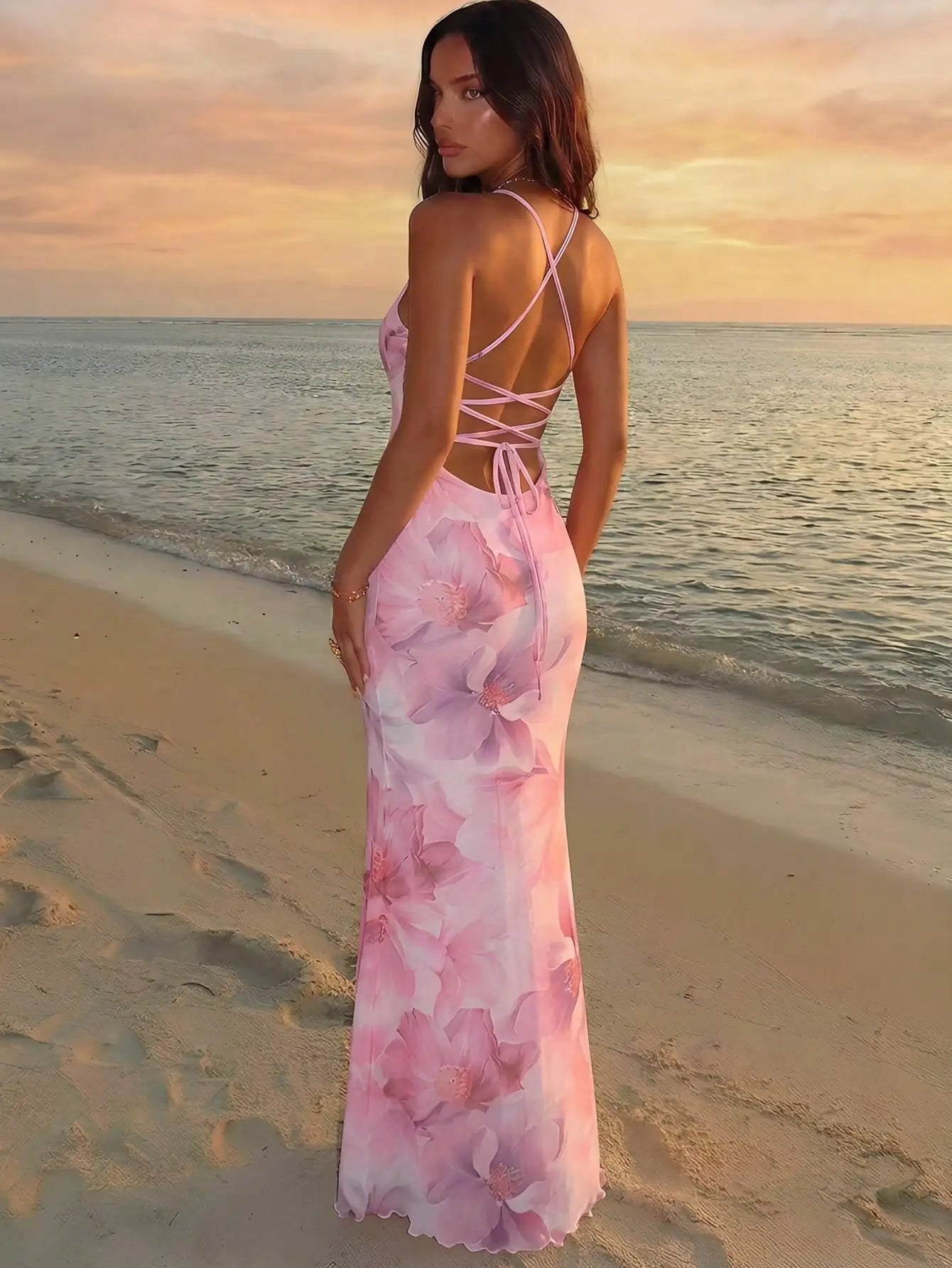 Elegant Pink Orchid Floral Print Backless Tie Strap Maxi Dress For Summer Vacation Beach Festival