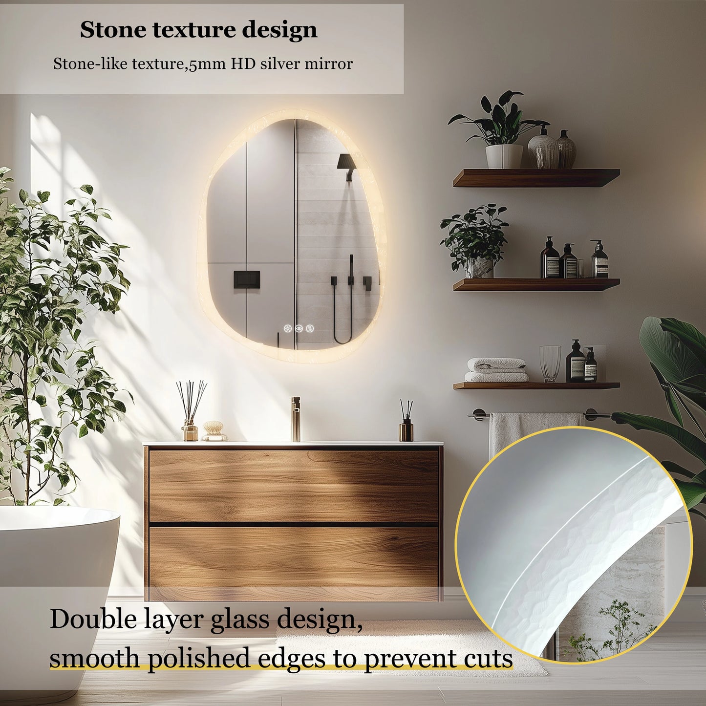 Modern Irregular LED Bathroom Mirror with Lights, Asymmetrical Frameless Smart Lighted Wall Mirror for Living Room Entryway
