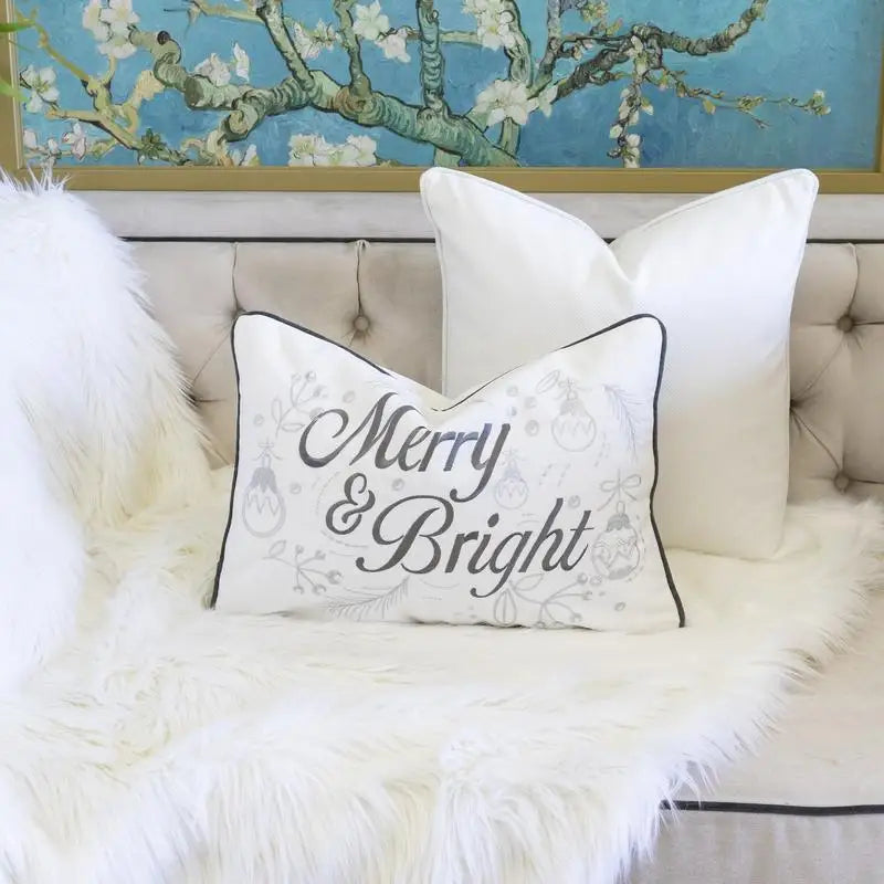 Merry and Bright Christmas Velvet Lumbar Throw Pillow Elegant Holiday Accent Cushion