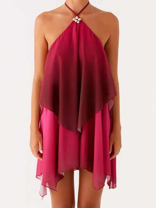 Women s Sleeveless Gradient Tie-Dye Mini Dress with Halter Neck and Ruffle Detail - Summer Fashion Casual Dress