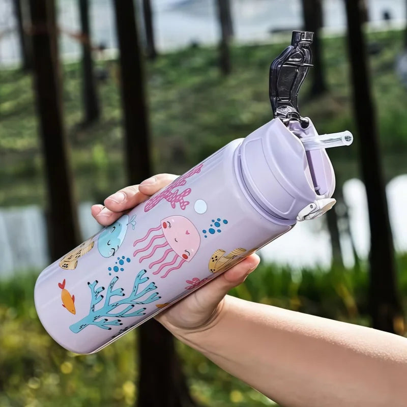 750ml Dinosaur Kids Water Bottle with Straw. Leakproof Sports & School Drinking Cup