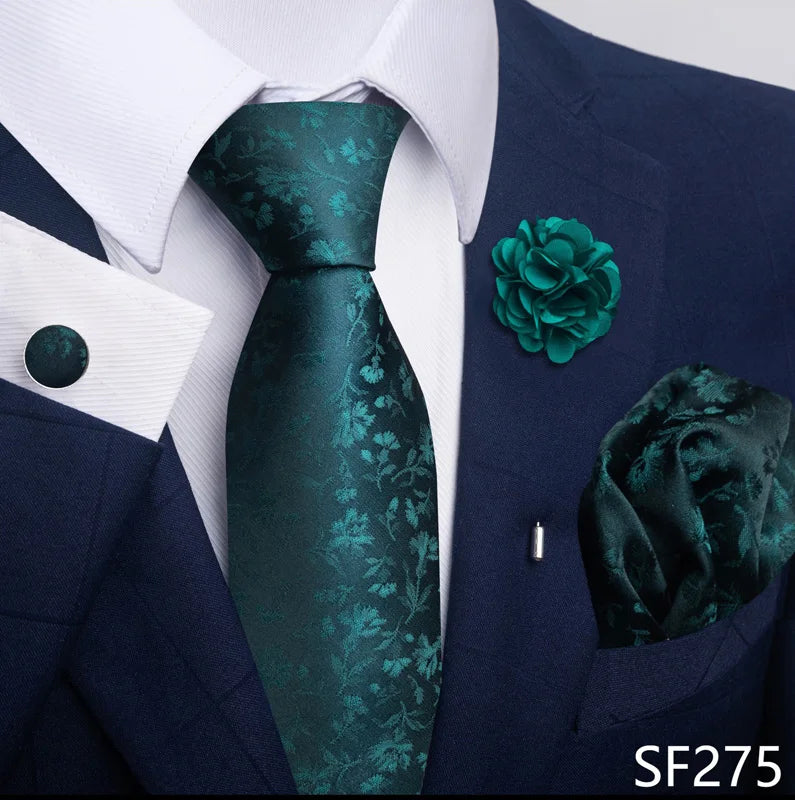 Luxury Green Floral Men’s Necktie Set .Tie, Pocket Square & Cufflinks