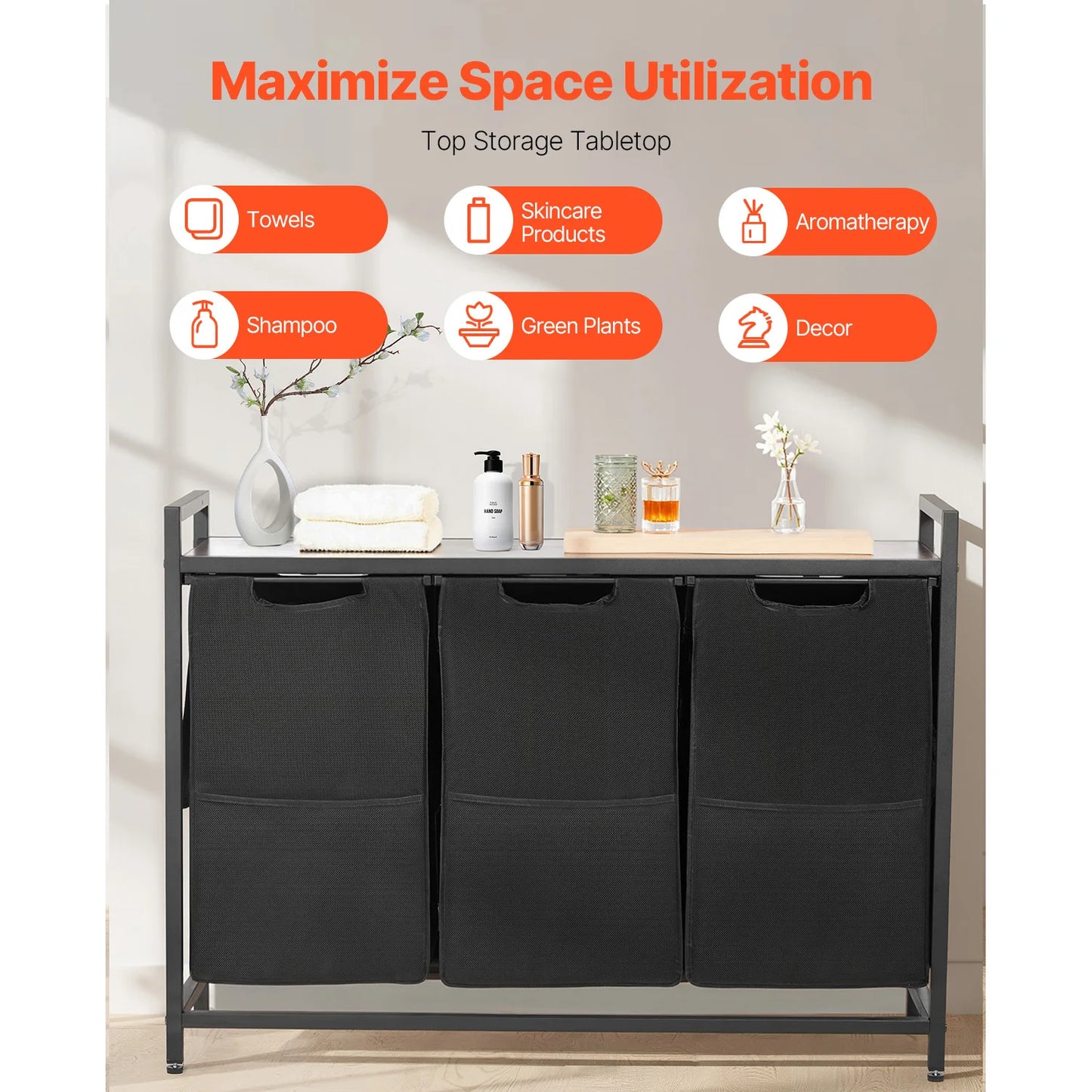 3-Section Laundry Sorter with Storage Shelf. Rolling Laundry Organizer
