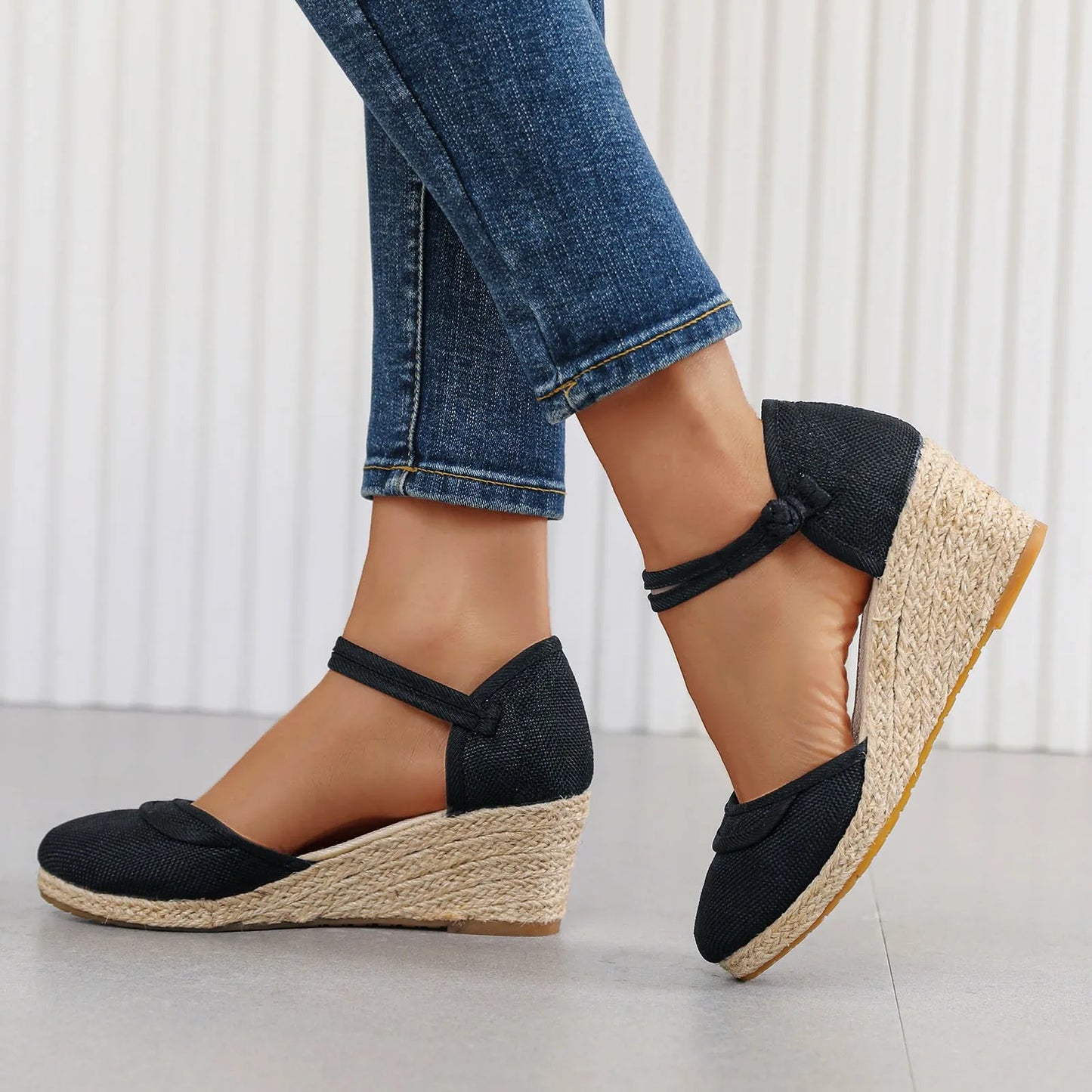 Womens Retro Plain Wedge Sandals Ladies Espadrille Summer Fashion Breathable Ankle Strap Sandals Casual Chunky Beach Sandals