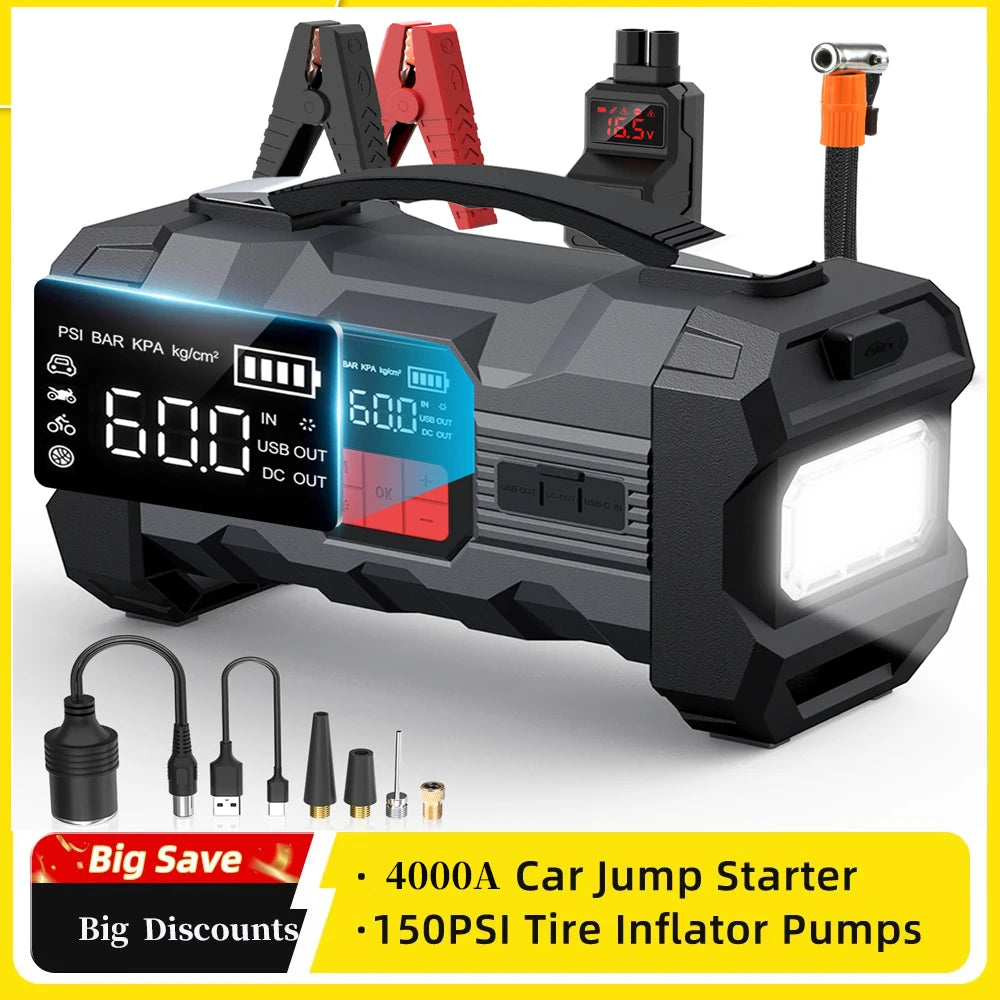 26800mAh Jump Starter with Air Compressor 1000A/1500A PEAK  Booster Tyre Inflator Portable Car Battery Power Bank Charger Air Pump,with LCD Display, Jump Starter Power Bank  (All Gas/ 8.0L Diesel), LED Light, Design for Cars,