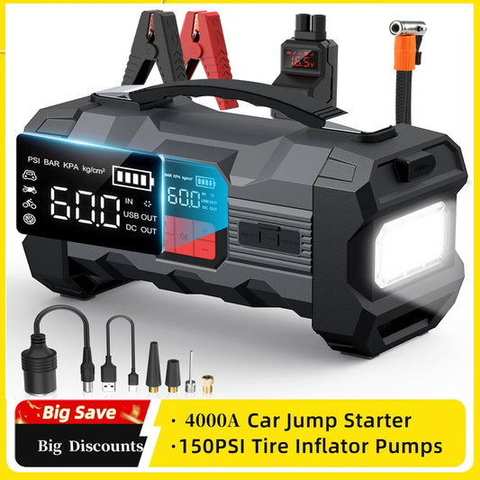 6000A Car Jump Starter with Air Compressor. Portable Battery Booster, 150 PSI Tire Inflator, LED Flashlight & Power Bank