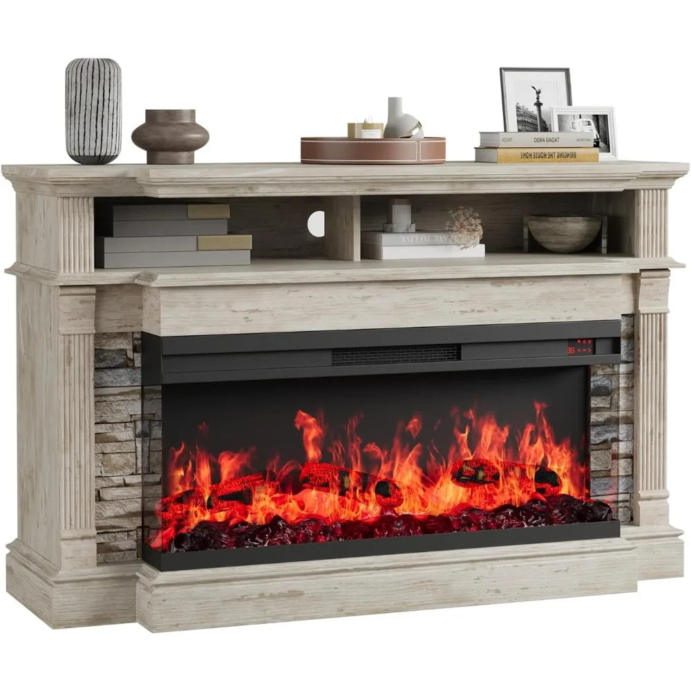 Fireplace TV Stand for TVs up to 65", Farmhouse 52"Fireplace Entertainment Center with 36" 3-Side Glass Electric Fireplace, TV C
