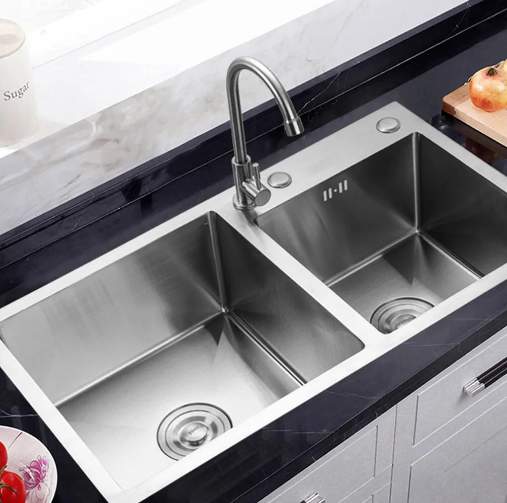 Stainless Steel Double Bowl Drop In Kitchen Sink with Noise Reduction and Deep Basins  Description