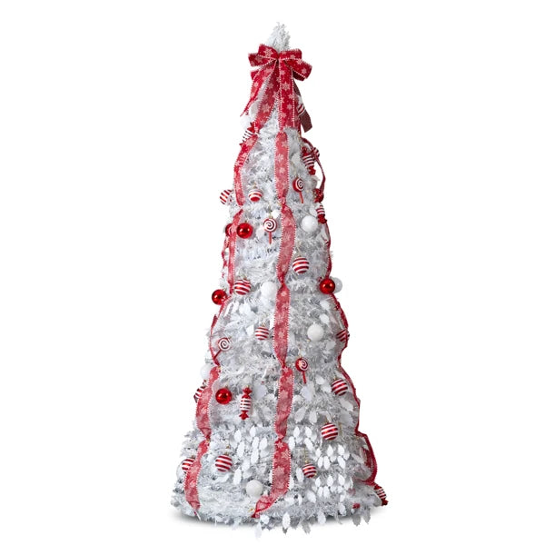 7 FT Fully Decorated Pre-lit Christmas Tree, Pop Up Artificial Xmas Tree with 170 Warm Lights and Red Ornaments for Home Office Store Holiday Deco, White
