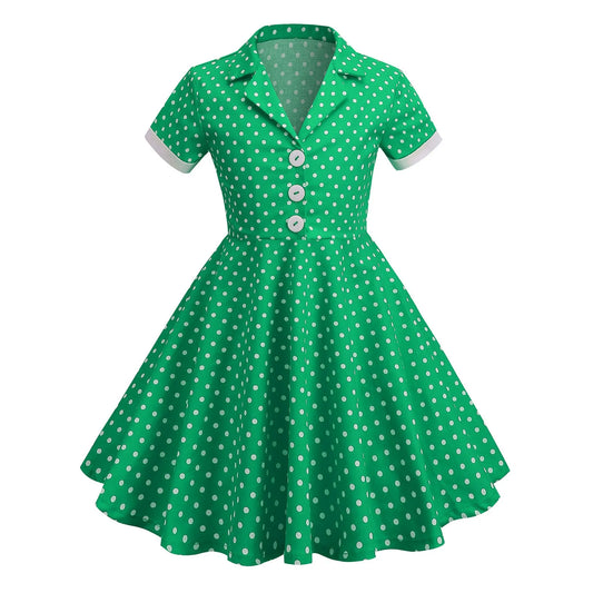 Girls Vintage Polka Dot Dress . Short Sleeve A-Line Party Dress for Spring, Summer & Special Occasions