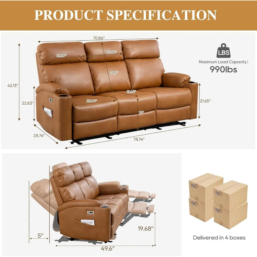 Power Reclining Sofa - 3 Seater Recliner Sofás, PU Leather Recliner Sofa, Home Theater Seating with Flipped Middle Backrest, Pow