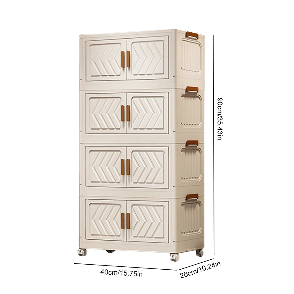 4 Tier Stackable Box Organizers Foldable Organization with Doors and Wheels Folding Storage Cabinet Shelf for Home Office Dorm