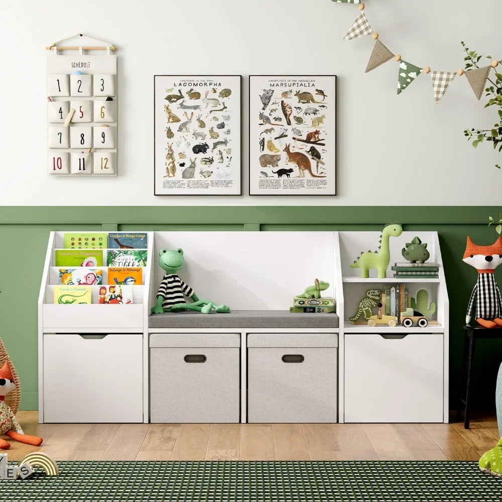 67 Inch Kids Reading Nook With Bench Bookshelf Cube Storage