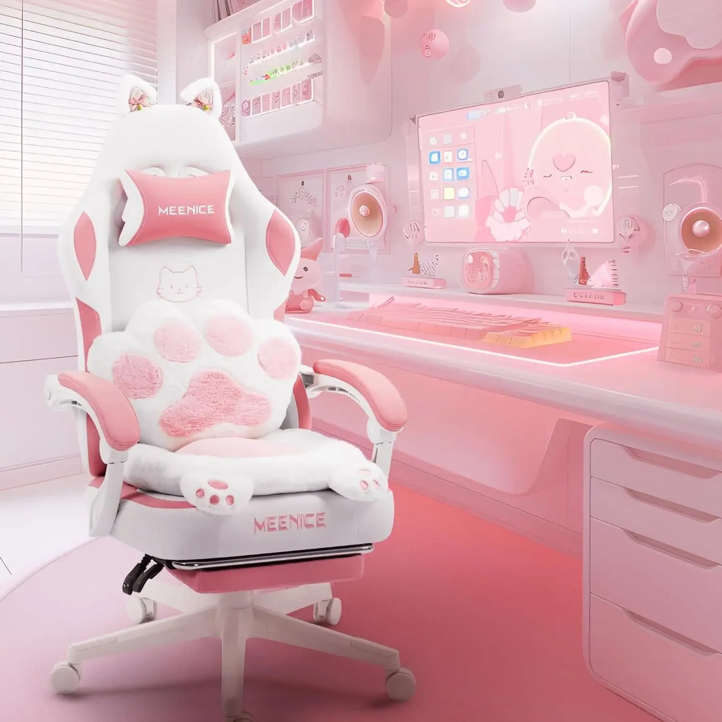 Pink Gaming Chair Cute with Cat Ears Paw Lumbar and Cushion,Ergonomic Computer Chair with Footrest,Reclining PC Game Chair for G