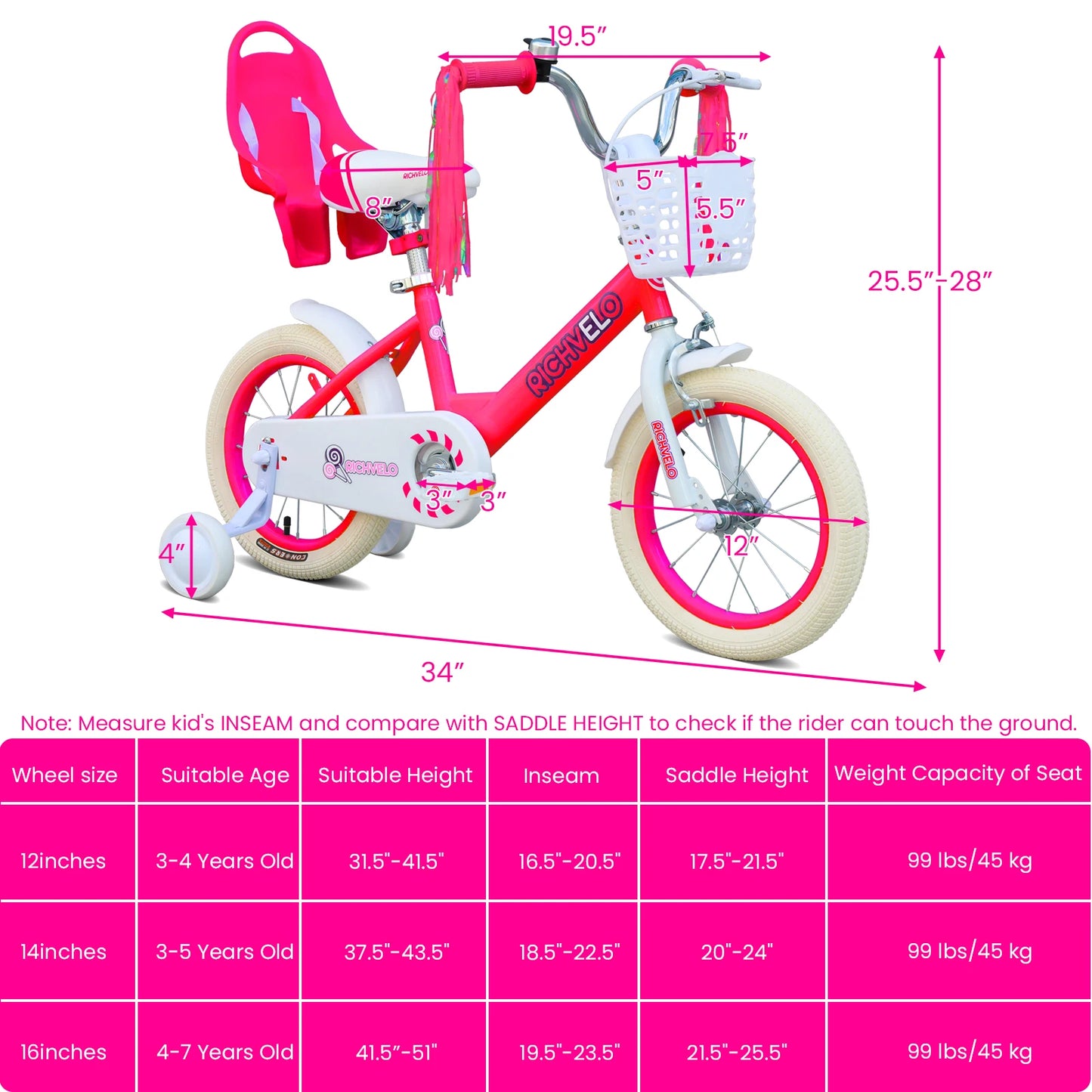 Kids Girls Bicycle 12–16 Inch .Bike with Training Wheels, Basket & Adjustable Seat for Ages 2–7  Description
