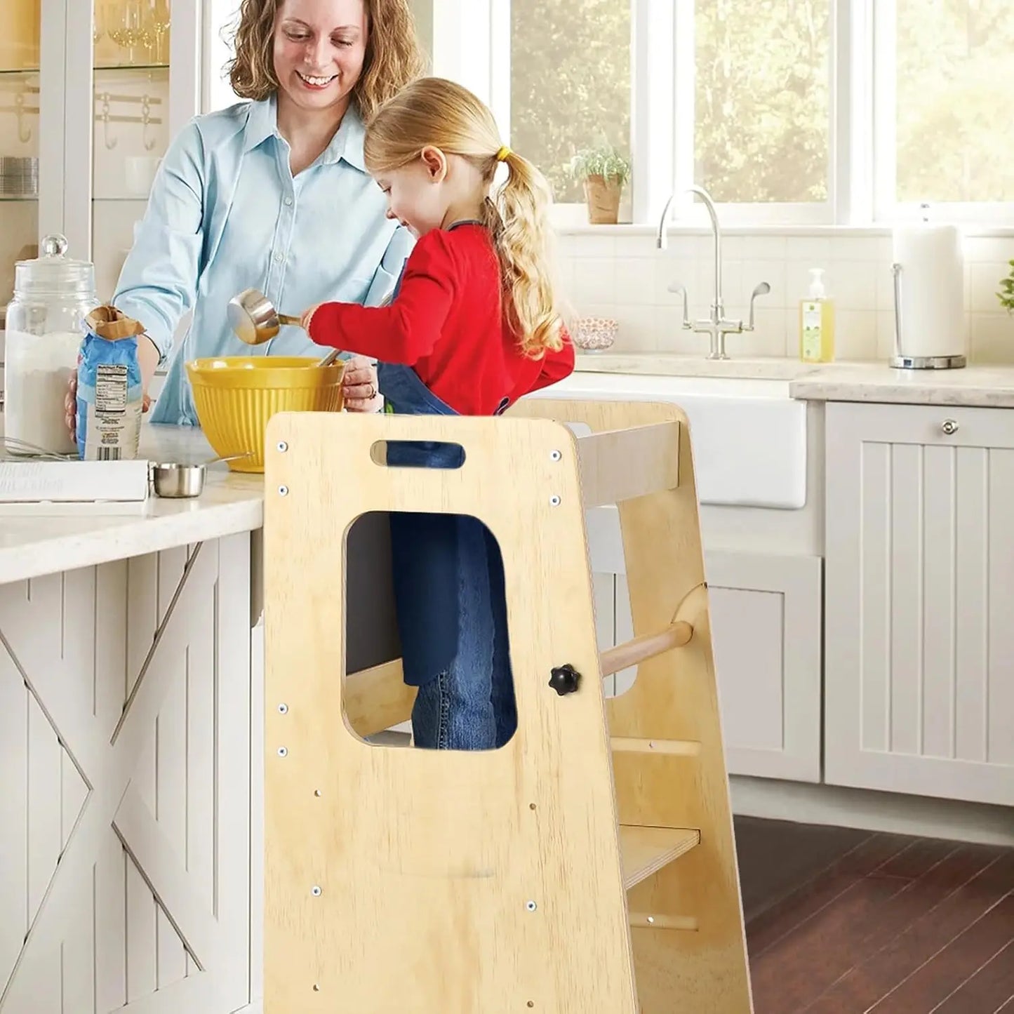 Wooden Kids Kitchen Step Stool with Blackboard & Safety Rails | Adjustable Montessori Learning Helper for Toddlers