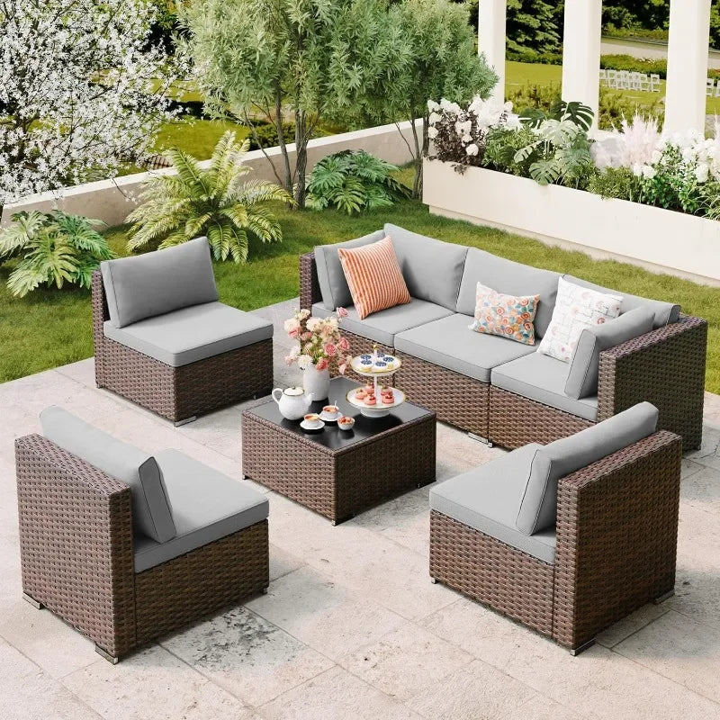 Qsun 7 Piece Outdoor Patio Furniture Set with PE Rattan Wicker Sectional Seating