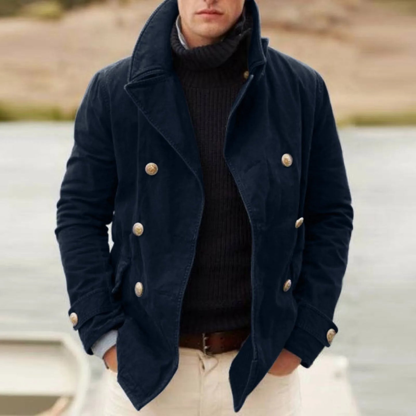 Men’s Classic Double Breasted Wool Blend Peacoat Jacket