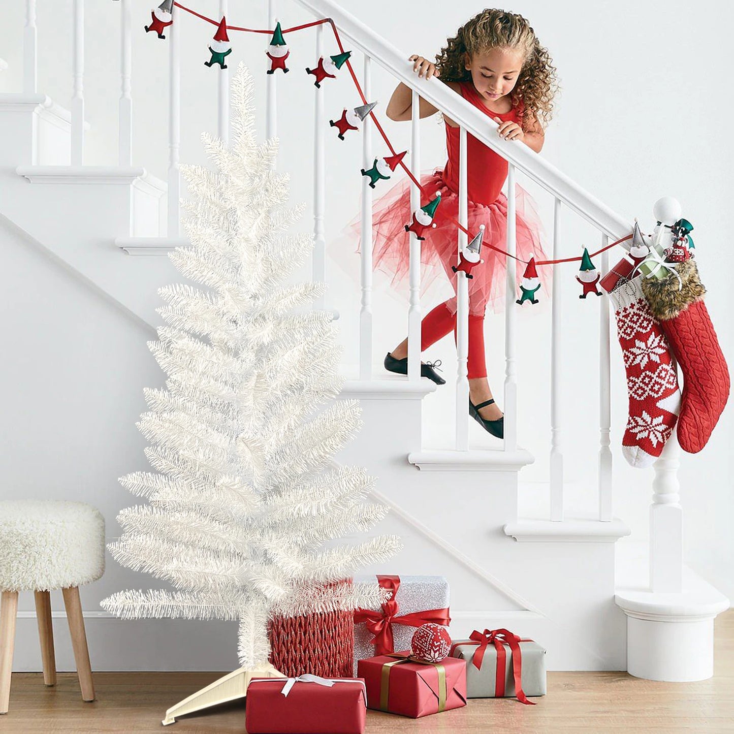 6FT Pre-Lit White Pencil Christmas Tree .Slim Space-Saving Holiday Décor with Warm Lights