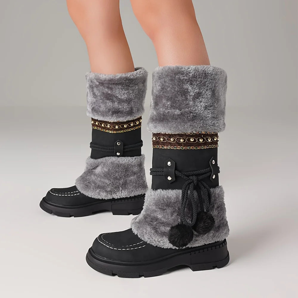 Women's Winter Furry Knee High Snow Boots Fashion Platform Chunky Heels Warm Faux Fur Lining Pull On Casual Comfy Boots Woman