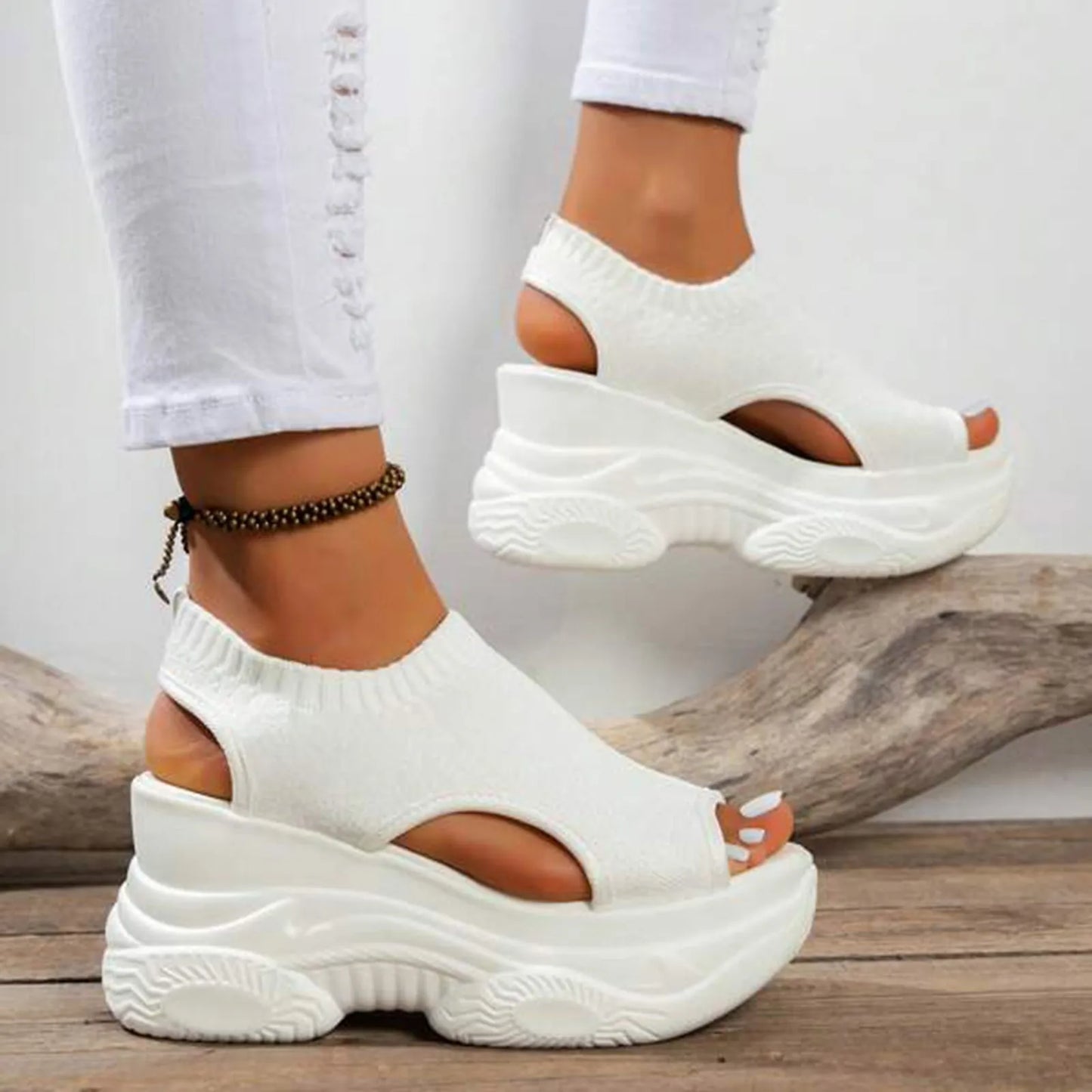 Thick Soled Sandals For Women Summer Mesh Breathable Peep Toe Sloping Heel Sandals Plus Size Sports Walking Mesh Flat Shoes