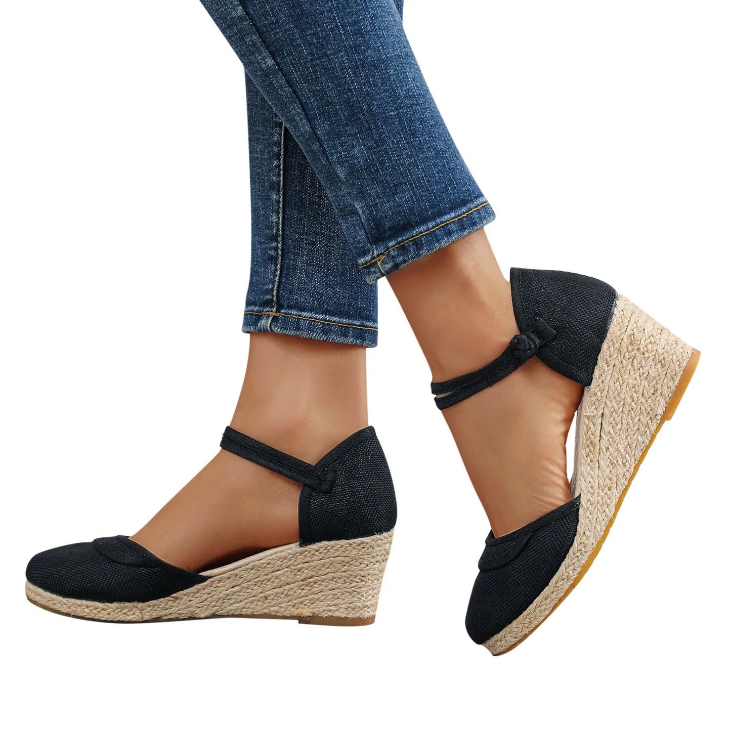 Womens Retro Plain Wedge Sandals Ladies Espadrille Summer Fashion Breathable Ankle Strap Sandals Casual Chunky Beach Sandals