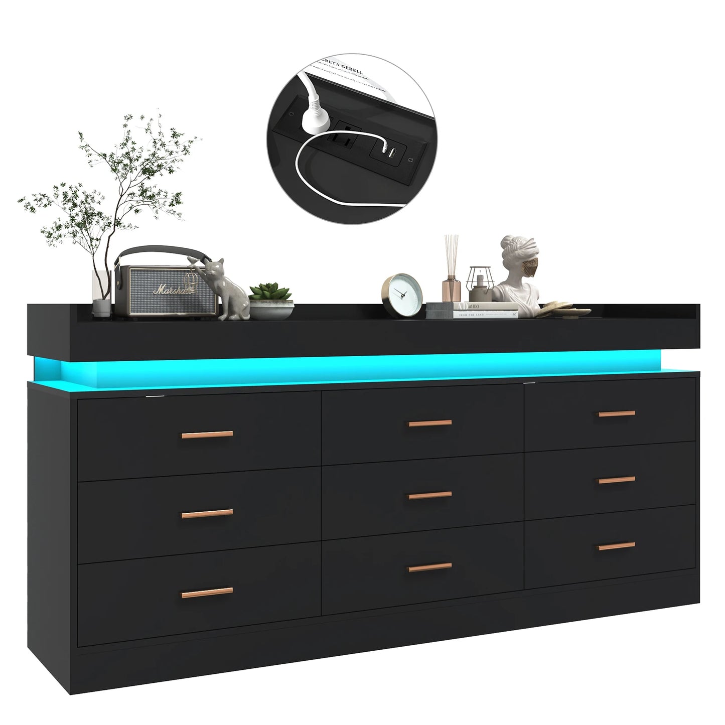 9 Drawer Dresser with LED Light and Charging Station, Modern Chest of Drawers for Closet, Wide Drawer Organizer Cabinet