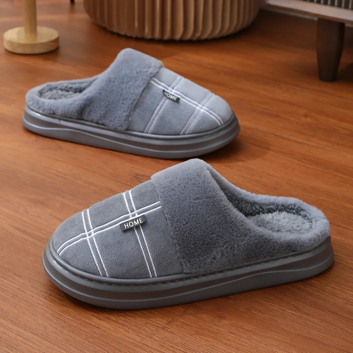 Men Home Slippers Plaid Memory Foam Winter Plush Male Indoor Shoes Warm Soft Non-Slip Slippers Black Large size 50-51 Fashion