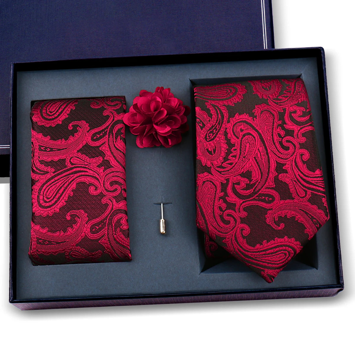 Luxury Men’s Paisley Necktie Gift Set. Silk Tie, Pocket Square, Cufflinks & Gift Box for Weddings & Business