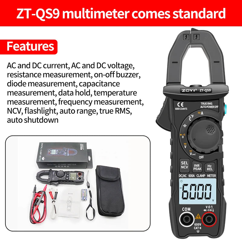 ZOYI Digital Clamp Meter 600A Current True RMS Smart Plier ammeter Auto Rang 6000 Multimeter DC AC Voltage Hz Ohm NCV Tester