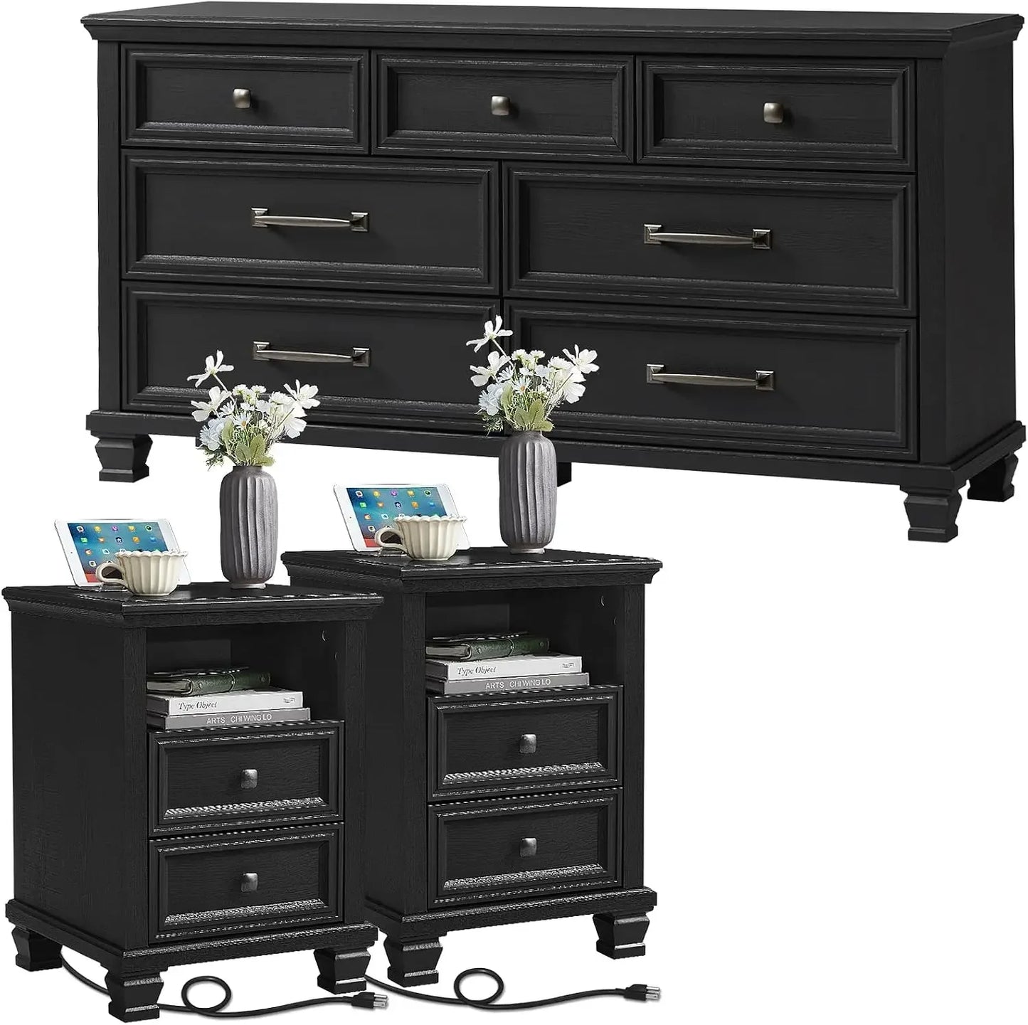 3-Piece Farmhouse Bedroom Set with Dresser & Nightstands