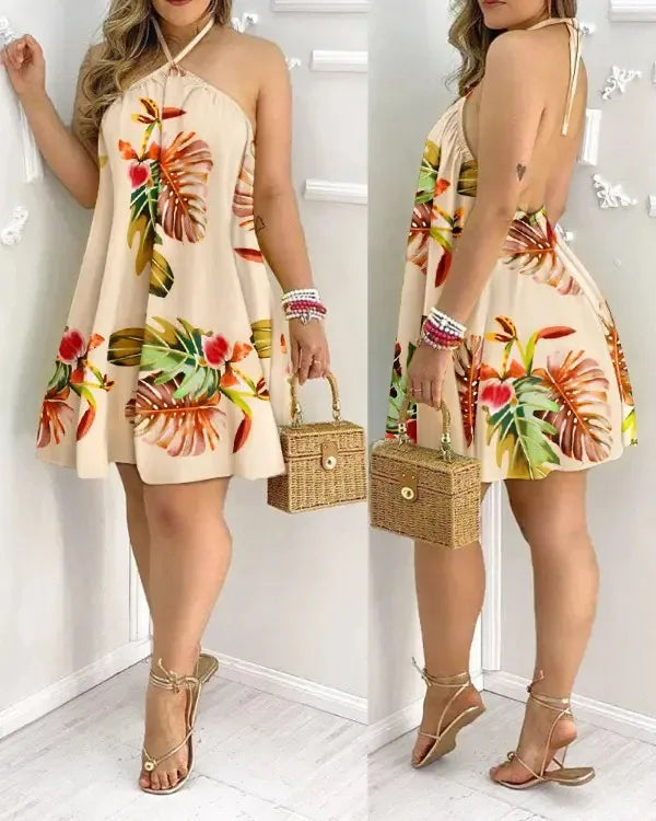 Women’s Floral Halter Neck Mini Dress | Sleeveless Summer Beach Sundress