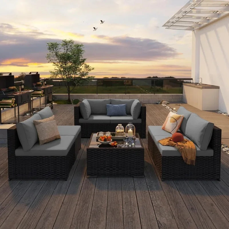 Qsun 7 Piece Outdoor Patio Furniture Set with PE Rattan Wicker Sectional Seating