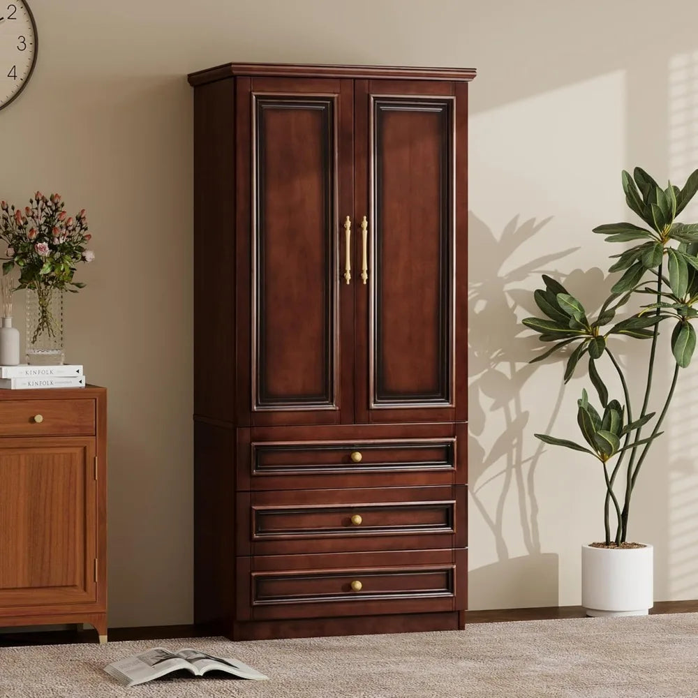 Solid Wood Armoire Wardrobe Closet, 2 Door Modern Solid Wood Wardrobe Cabinet with 2 Drawers, Armoire Closet with Hanging Rods C