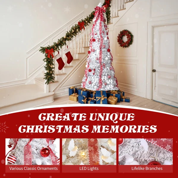 7 FT Fully Decorated Pre-lit Christmas Tree, Pop Up Artificial Xmas Tree with 170 Warm Lights and Red Ornaments for Home Office Store Holiday Deco, White