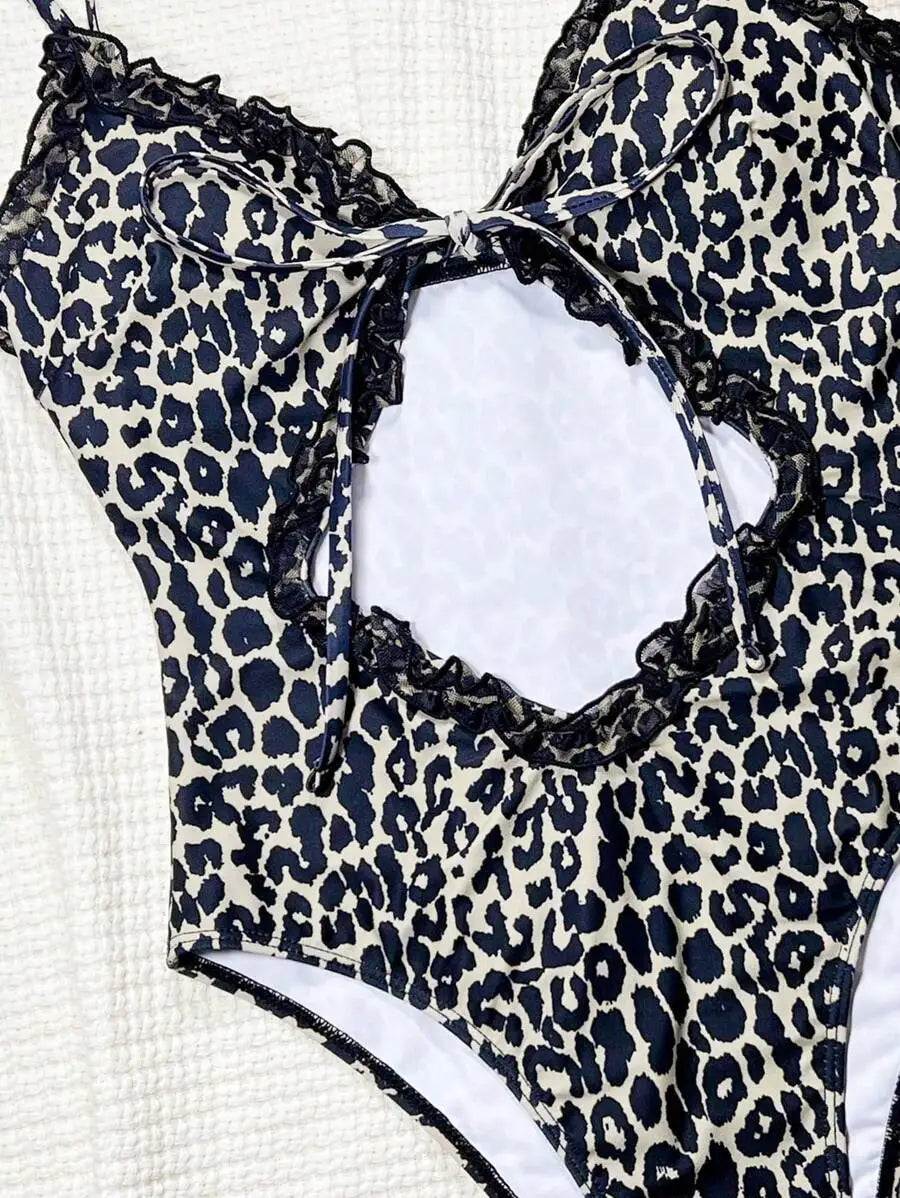 Women’s Leopard Print One-Piece Swimsuit | Tie-Front Cutout Ruffle Bathing Suit