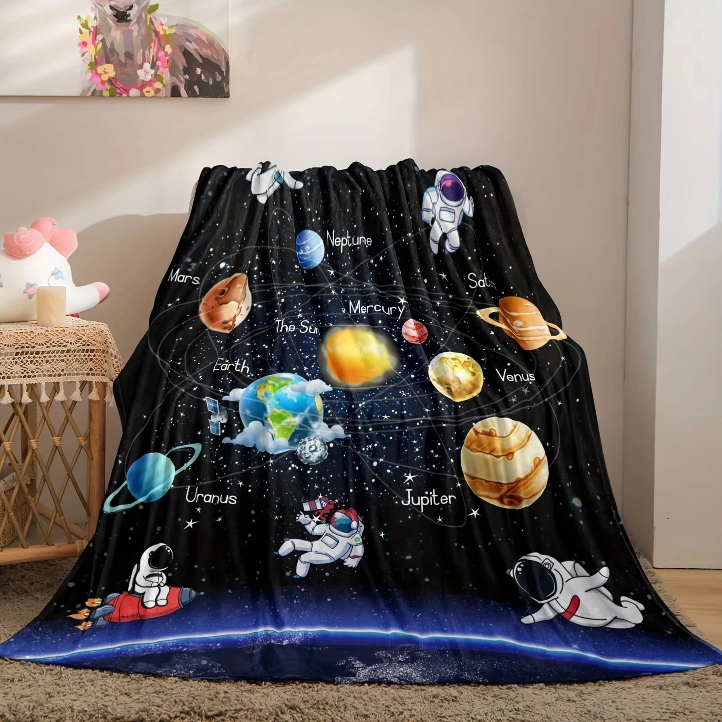 Astronaut Planet Print Flannel Throw Blanket. Cozy Space Theme Blanket