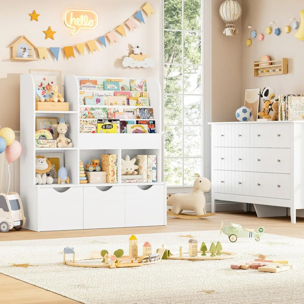 47'' Kids Bookcase and Bookshelf, Multifunctional Bookcase with 5 Storage Cubbies and 3 Movable Drawers, Toy Storager Display S