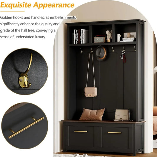 Hall Tree with Brown Wood Grain Storage Bench for Entryway, Mudroom Coat Rack with 6 Golden Hooks, 4-in-1 Hallway Coat Racks wit