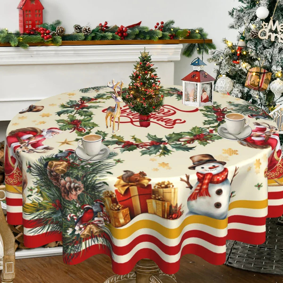 Christmas Round Tablecloth Christmas Wreath Snowflake Table Cloth Red Merry Christmas Home Decoration For ChristmasTable Cover