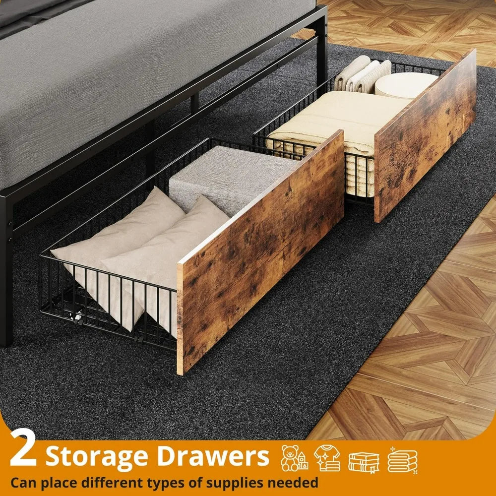 "california king platform bed frame with storage headboard and charging station, drawers included, no box spring required"