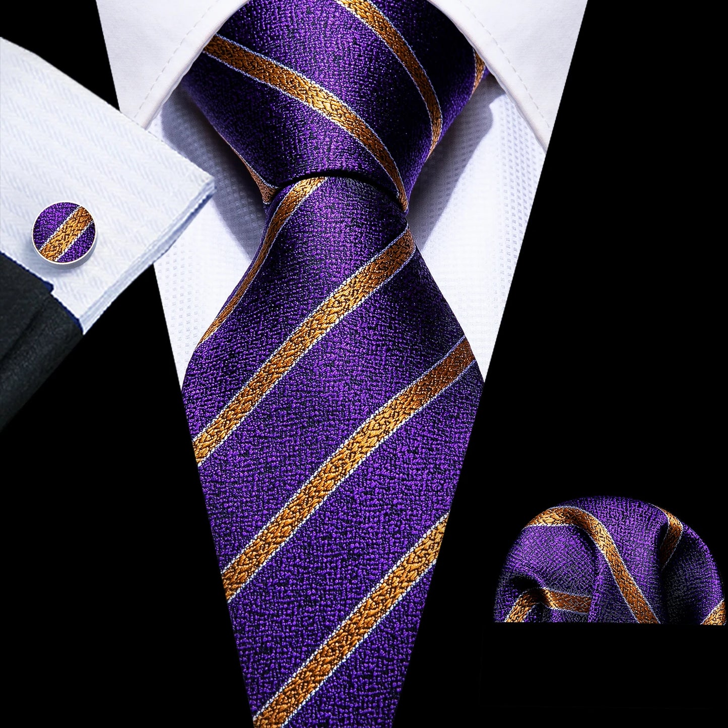Men’s Luxury Red Striped Necktie Set. Silk Tie, Pocket Square & Cufflinks for Business, Wedding & Formal Wear
