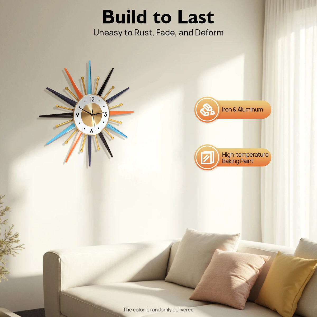 Colorful Starburst Wall Clock – Mid-Century Modern Sunburst Décor