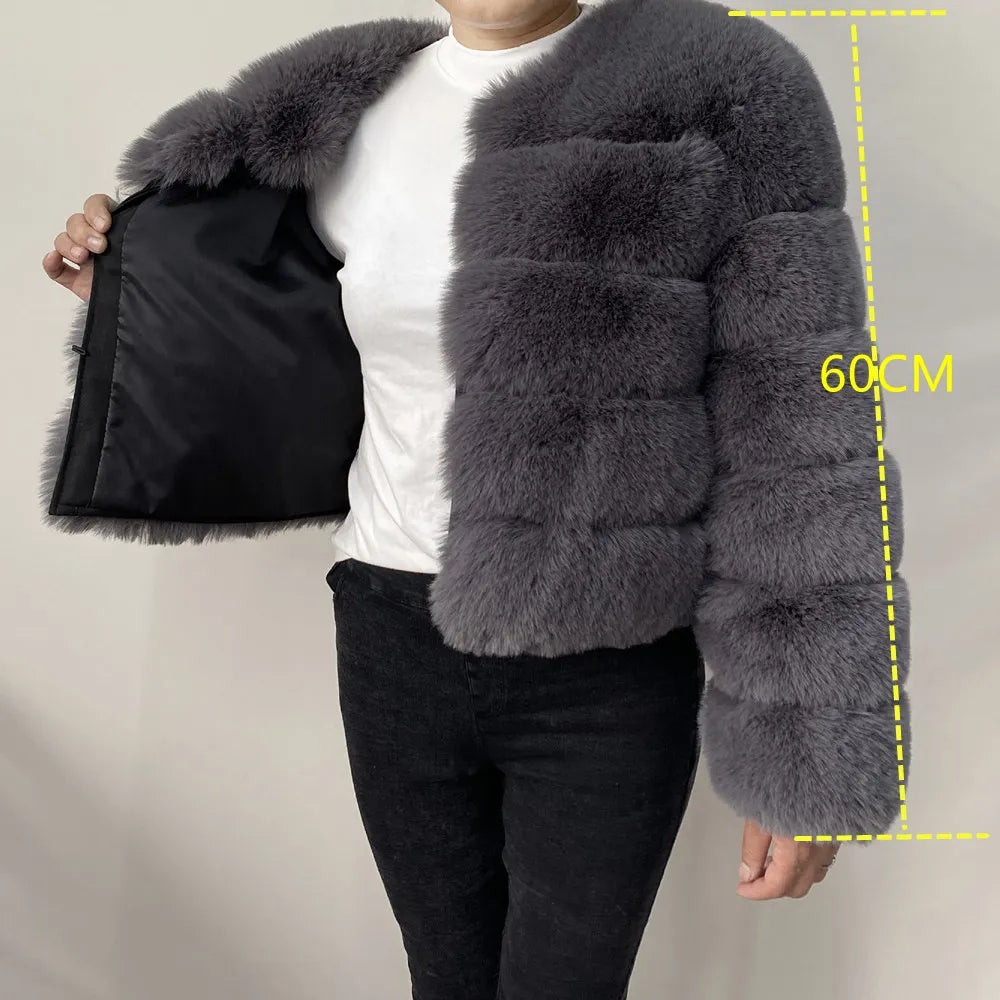 Women's Faux Fur Jacket . Plush Cropped Winter Coat with High Collar