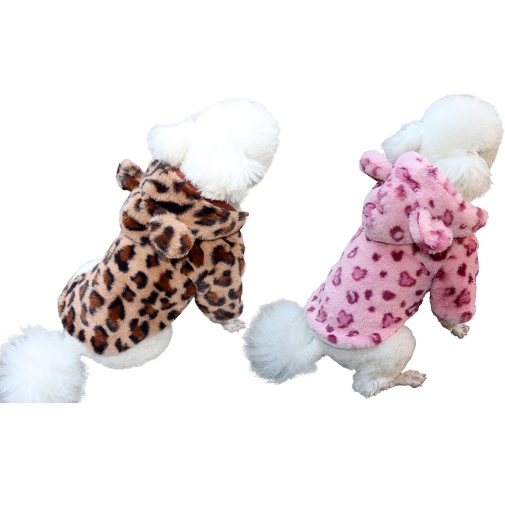 Luxury Leopard Print Fleece Dog Hoodie .Warm Winter Pet Jacket